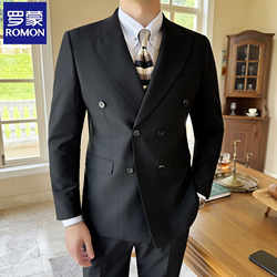 Romon Double-Breasted Suit Set for Men, British Casual Business Formal Jacket, Slim Fit, Stylish Wedding Groom Suit