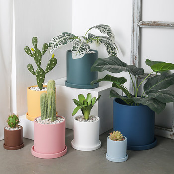 Clay straight cylindrical colorful flowerpot with tray