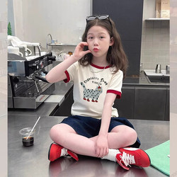 Girls Short-Sleeved T-Shirt Summer 2025 New Kidsren's Cotton Top Medium and Large Kidsren's Cartoon Printed T-Shirt