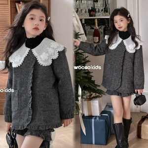 
Wushu 2025 winter new style girls' lace collar small fragrant down jacket, medium and large children's woolen two-piece shorts