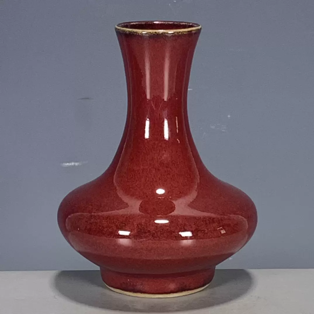 清代郎红釉扁肚瓶真品瓷器古董收藏老物件摆件景德镇窑红釉瓷