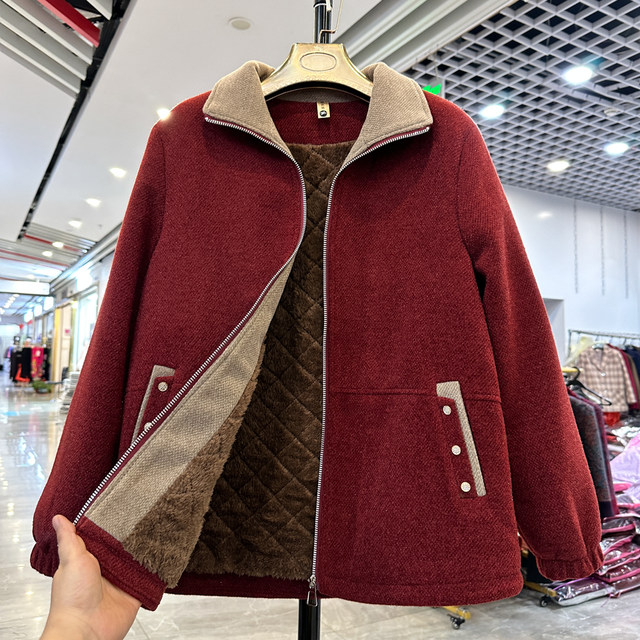Fashionable mother's clothing autumn and winter new style velvet thickened warm woolen coat women's short thick loose burgundy cotton-padded jacket