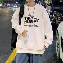 Pure Cotton Heavyweight Spring and Autumn Round Neck Long-Sleeve Sweatshirt for Men, Autumn and Winter Fleece-Lined Trendy American-Style Loose Hoodless Student Jacket