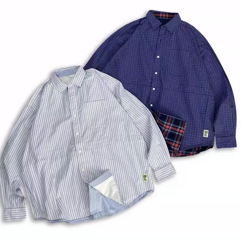 BEAMS SSZ 20AW DABURI SHIRTS 假兩件條紋格子日系男女 長袖襯衫 - Taobao
