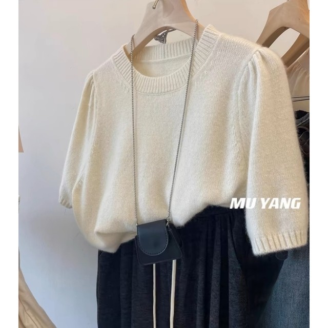 2072 Spring New Women's Puff Sleeve Short Sweater Thin Top
