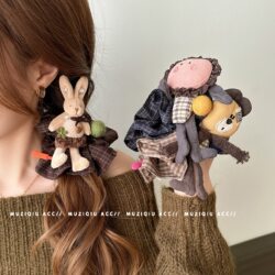 Korean Cute High-End British-Style Rabbit Scrunchie Cartoon Doll Plaid Fashionable Trendy Age-Reducing Versatile Hair Accessory