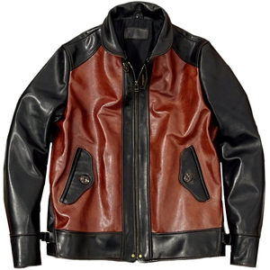 
Color block green fruit collar first layer cowhide red and brown contrasting color men's casual retro leather jacket