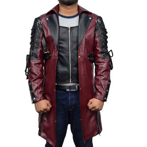 
European and American Gothic style mid-length color-blocked leather jacket men's punk rock jacket fake two-piece rivet buckle drawstring leather windbreaker
