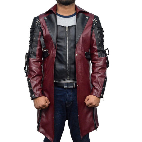 
European and American Gothic style mid-length color-blocked leather jacket men's punk rock jacket fake two-piece rivet buckle drawstring leather windbreaker
