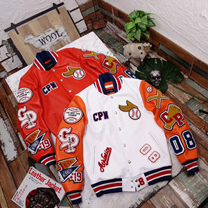 
[Stop production and pick up the bargain] Embroidered badges multi-marked baseball uniform trendy layer cowhide leather genuine leather jacket for men and women