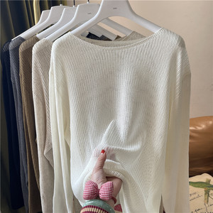
Tencel linen hollow sweater women's one-line collar pullover long-sleeved top that can be worn inside or outside, a versatile slimming blouse