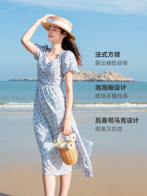 LAGOGO French Square Collar Bow Printed Dress Women's Lagugu 2025 Summer New Puff Sleeve Skirt