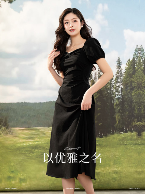 
LAGOGO black waist-pinching dress for women Lagugu Valley 2025 summer new elegant Hepburn style skirt