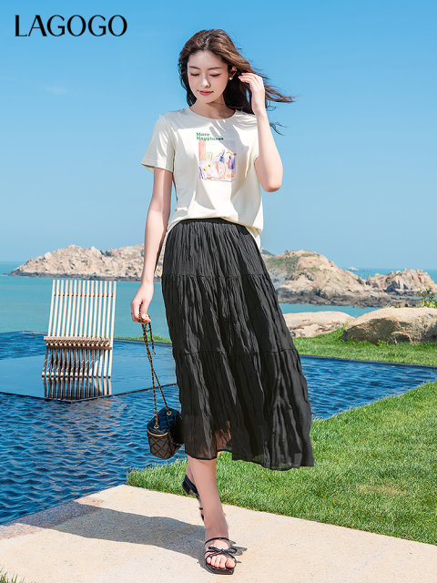 LAGOGO pleated slim skirt for women Lagugu Valley 2025 summer new elastic high-waist temperament black skirt
