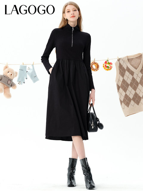 LAGOGO stand-up collar A-line black dress for women Lagugu Valley winter new style literary slim temperament splicing skirt