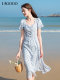 LAGOGO French Square Collar Bow Printed Dress Women's Lagugu 2025 Summer New Puff Sleeve Skirt