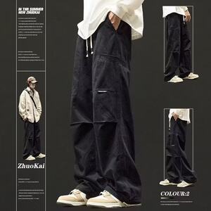 
Overalls men's 2026 spring and autumn loose men's drawstring straight pants spliced pleated American fashion brand boys' paratrooper pants