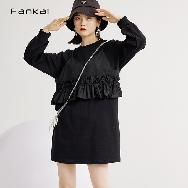Fankai mid-length sweatshirt fake two-piece design black round neck sweatshirt dress loose casual ruffle edge