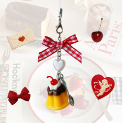 Showa Retro Tea Cherry Pudding Afternoon Tea Dessert Bow LAOSHU Miniature Food Toy Bag Pendant Phone Chain