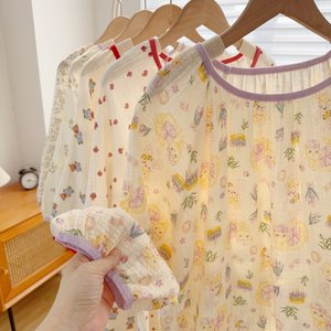 Self -reserved models! All -cotton bubble wrinkle gauze INS wind snap skirt cute sweet pure cotton female pajamas spring and summer dress
