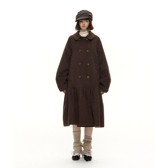 
Romance Nanci brown double-breasted loose woolen coat preppy mid-length woolen coat