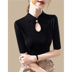 
New Chinese style national style tops for women spring and summer 2026 new mid-sleeve slim black stand-up collar short-sleeved bottoming shirt T-shirt