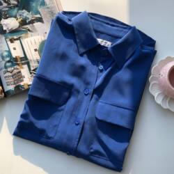 High Saturation Klein Blue Silk Crepe Long-Sleeve Double-Pocket Loose Shirt Women's Top 2026 Spring Free Shipping