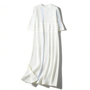 
Japanese single retro style hollow knitted dress women's L86146 spring and summer three-quarter sleeves with falling slit elegant long skirt