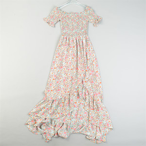 French one-shoulder sweet floral short-sleeved dress 83922 slim high waist A-line skirt summer swallowtail long skirt