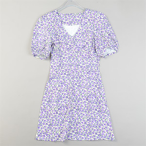 
French puff sleeve floral dress for women 84784 high waist slim midi skirt summer and autumn new short-sleeved A-line skirt