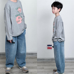 
Tongtong Mom Customized Korean version of boys and girls Loose cotton gray green print simple versatile long-sleeved T-shirt autumn clothes