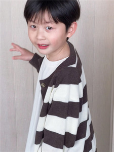 
Tongtong Mom Customized Korean version of boys and girls Loose milky white coffee striped knitted cardigan jacket versatile sweater spring and autumn clothes