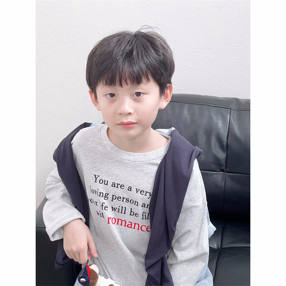
Tongma customizes boys and girls gray Korean version loose cotton letters versatile and fashionable long-sleeved base T-shirt spring and autumn clothes