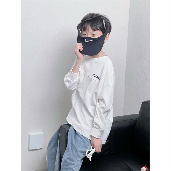 
Tongma customization Korean version of boys and girls loose cotton soft white cross splicing brave long-sleeved versatile T-shirt spring and autumn clothes