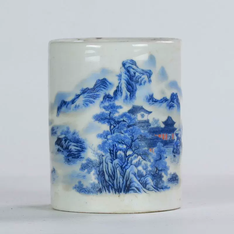 仿大清光绪年制青花依山傍水陶瓷笔筒现代仿古摆件书房瓷器收藏-Taobao