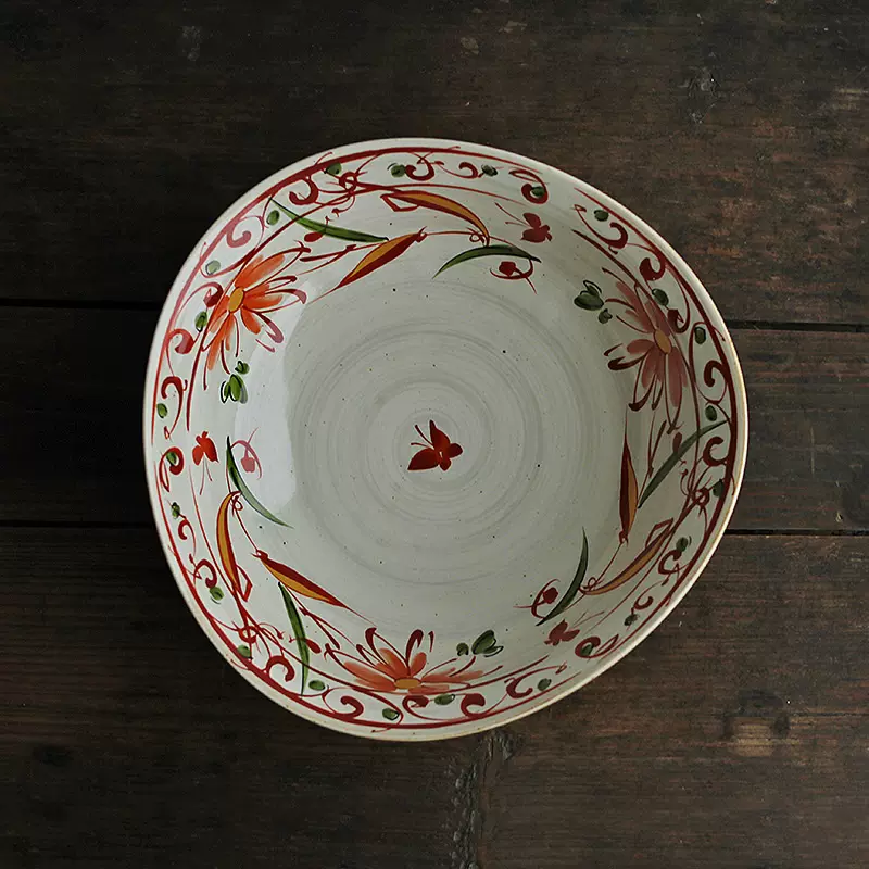 日本原装进口赤绘花蝶三足大钵复古釉下彩花卉