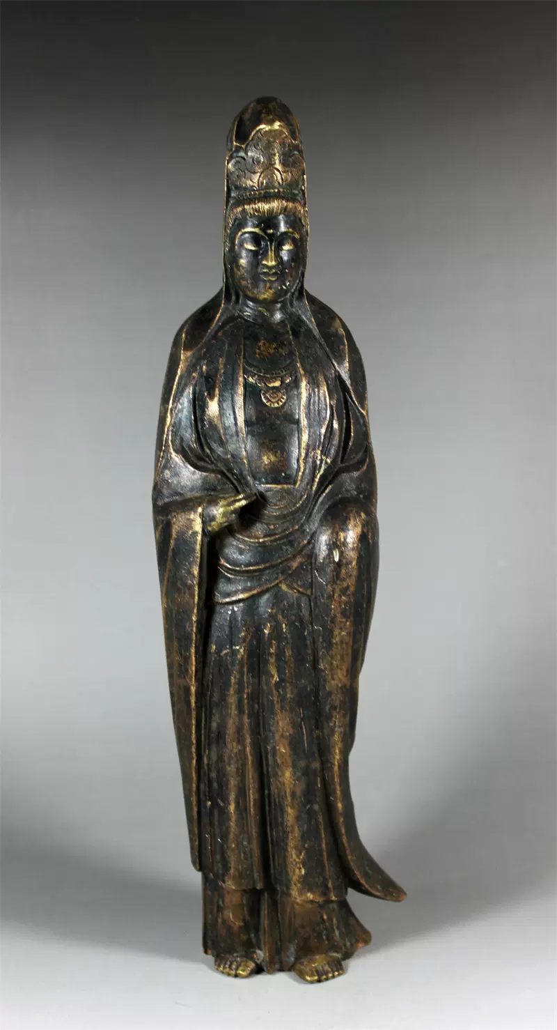 金工名家秀成造男相观音菩萨铜立像摆件日本中古回流佛像