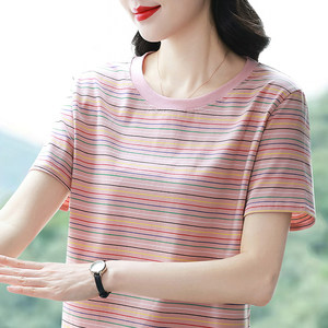 
Pure cotton striped short-sleeved T-shirt women's 2026 new summer clothes for middle-aged and elderly mothers large size loose right shoulder clothes