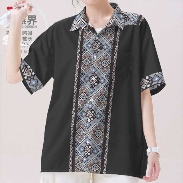 National style, national trend, Yi and Miao ethnic style totem traditional large-size short-sleeved shirt men's and women's clothing 0017 design without boundaries