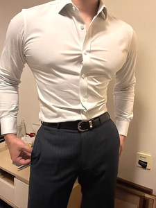 
European and American tough guy stretch white shirt muscular men slim-fitting free long-sleeved ice silk chiffon shirt suit inner trouser shirt