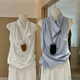 Blue swing collar sleeveless vest for women in summer design niche high-end Korean style fashionable loose drawstring top