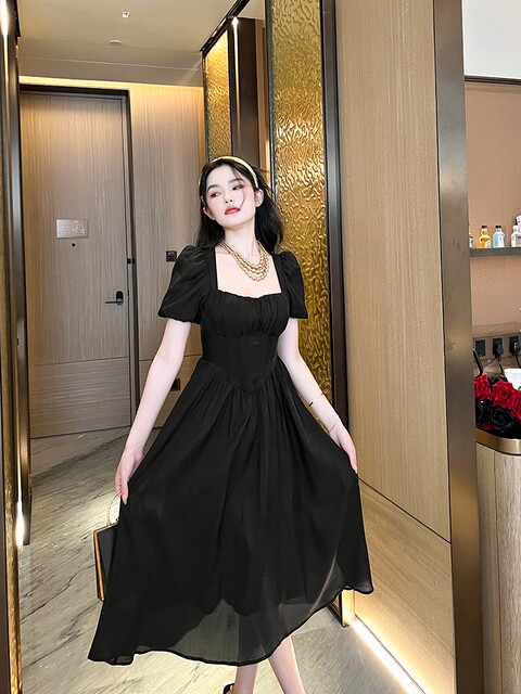 Square Neck White Dress for Women, Summer French Style, Waist-Cinching Slimming A-Line Dress, Design Sense Drawstring Long Dress, Vacation Dress
