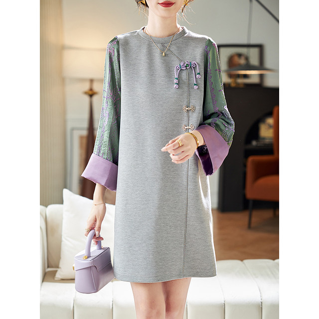 Asaya946 - APOZi Tai Chi Series New Chinese Splicing Dress Women s Loose Waist Stand up Collar Cheongsam Skirt Summer New Long Dress main image 1