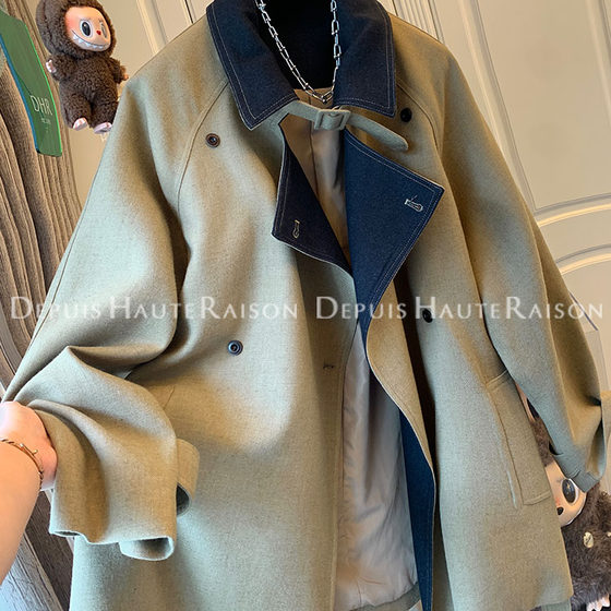 
DHR high-end British style lapel khaki windbreaker jacket loose mid-length women's autumn new style