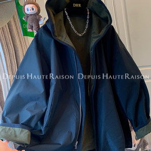 
DHR high-end style big-name workwear style hooded windbreaker jacket for women loose casual design mid-length style