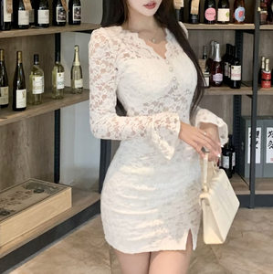 
Lace brushed dress 2024 new fashion V-neck long-sleeved bottoming slim high-waisted slim hip skirt