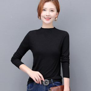 
Modal spring and autumn base shirt for women long-sleeved loose large size slimming belly T-shirt half high neck high stretch top