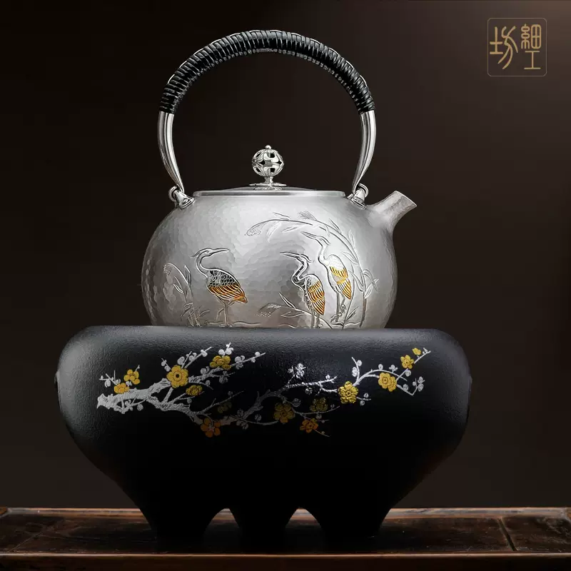 細工坊銀壺 純銀9999燒水壺日本純手工一張打銀壺煮水壺茶具-Taobao