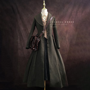 
Charing Cross Street ready-made spring, autumn and winter retro slim-fitting brown-green long large-sweep woolen coat suit