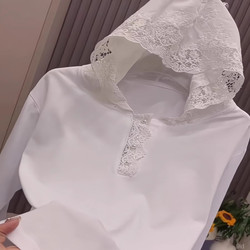 European Style Heavyweight Autumn and Spring 2026 New Versatile Long-Sleeve Lace Hooded T-Shirt for Women, Suitable as a Base Layer or Outerwear Top